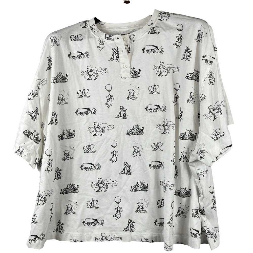 Disney Winnie The Pooh Womens 2XL Sleep Shirt Black White Print Pajama Night Top